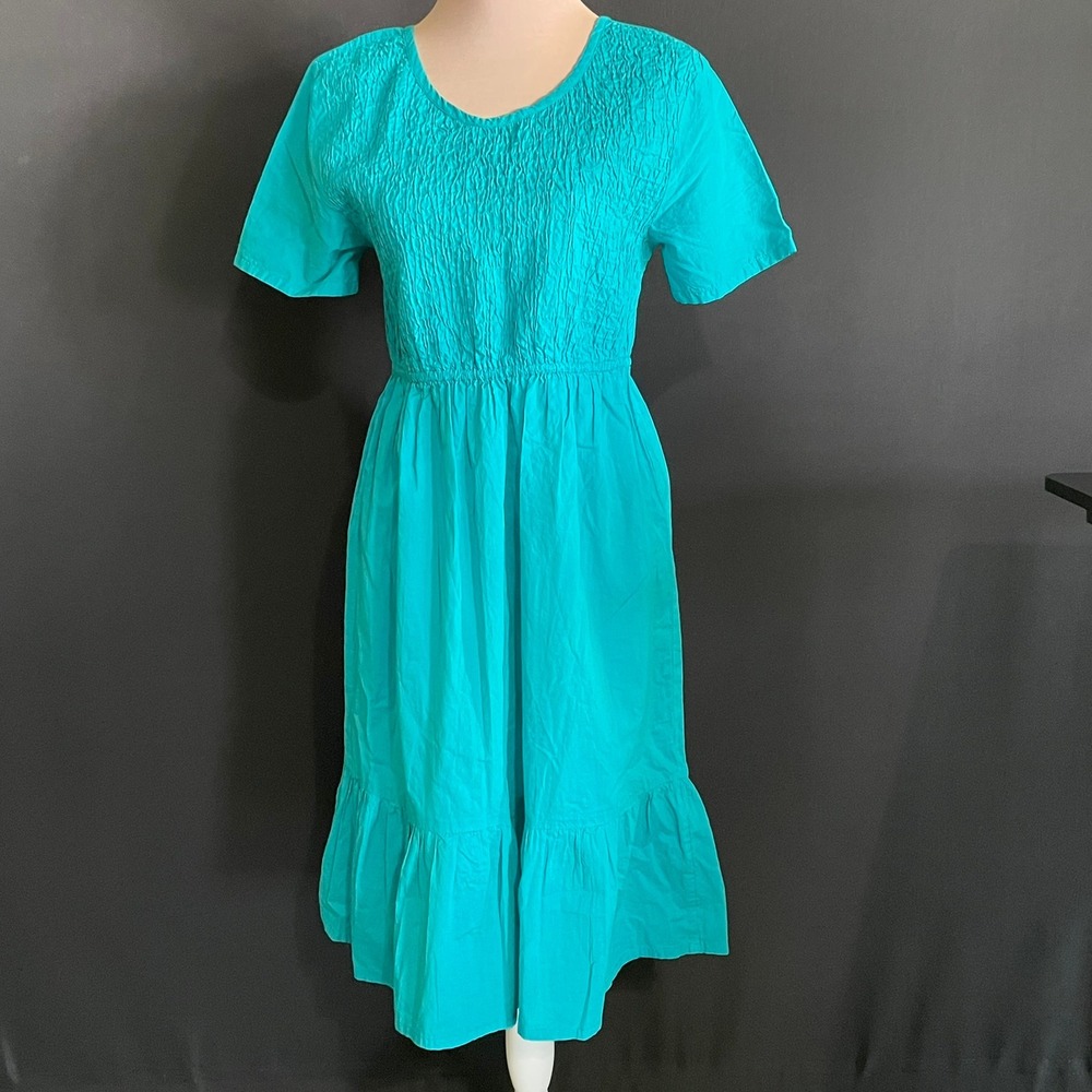 Phases Midi Dress Womens Medium Turquoise Blue Good Smocked Tiered Cotton